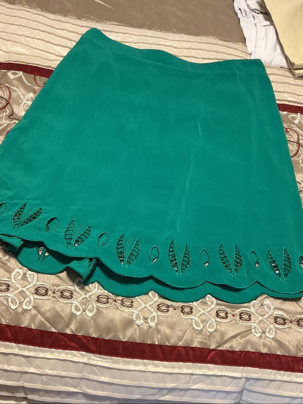 Market & Spruce Teal A-Line Mini Skirt with Scalloped Leaf Cutouts